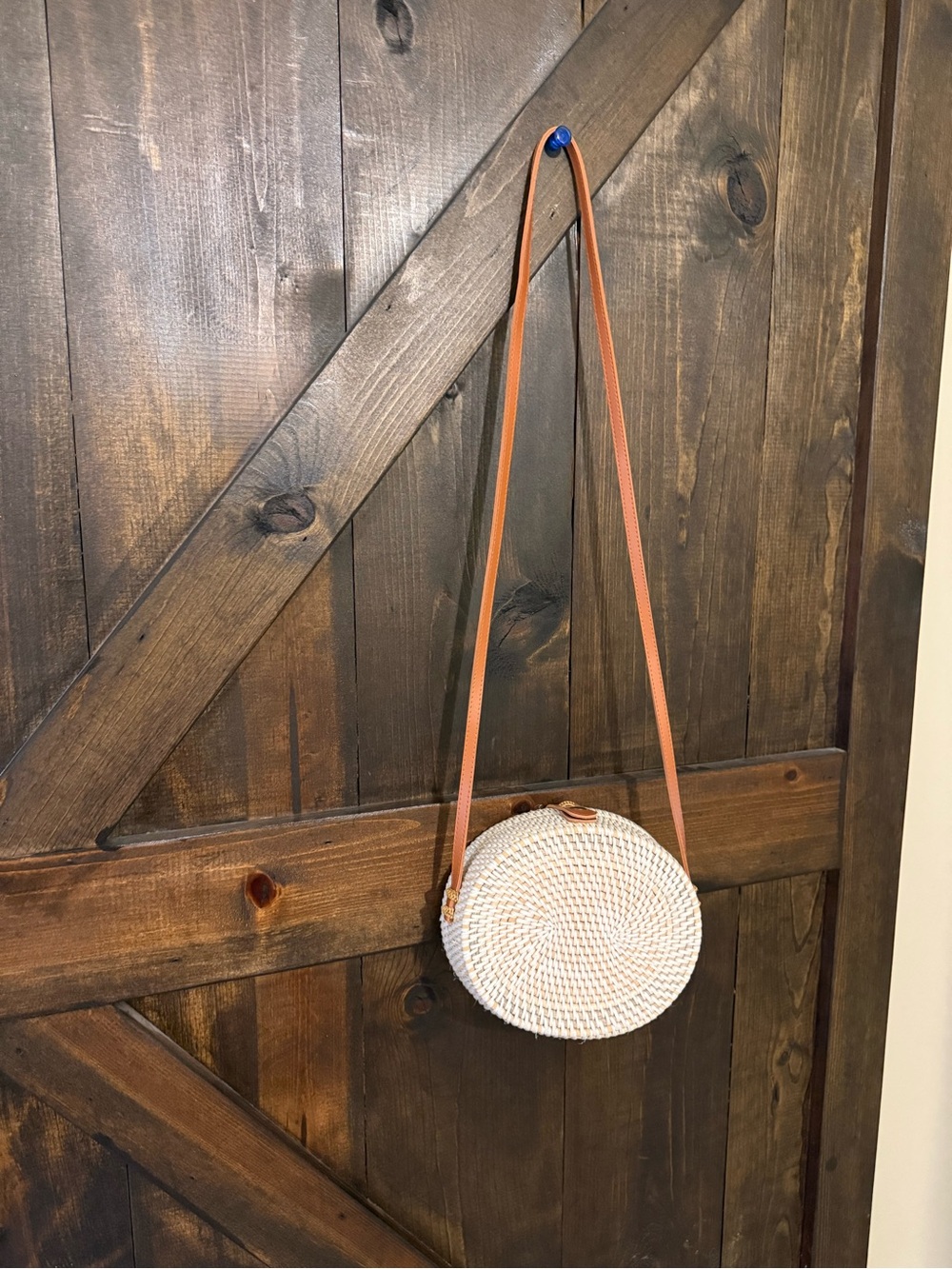 Woven Round Crossbody Bag with Tan Strap - White